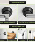 Heavy Duty Aluminum Door Stopper With Soft Silicone Head And Spring Shock Absorption Real Deal Wall Protector Rustproof Anti Scuff Door Holder In Sleek Black installed on various surfaces like doors and cabinets.