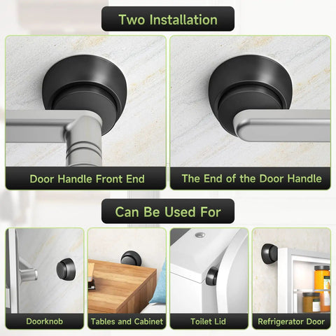Heavy Duty Aluminum Door Stopper With Soft Silicone Head And Spring Shock Absorption Real Deal Wall Protector Rustproof Anti Scuff Door Holder In Sleek Black installed on various surfaces like doors and cabinets.