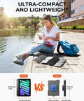 Woman using Ultra Light 25W Solar Panel Charger With USB A And USB C Ports by a lake, showing compact foldable design.