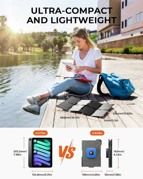 Woman using Ultra Light 25W Solar Panel Charger With USB A And USB C Ports by a lake, showing compact foldable design.