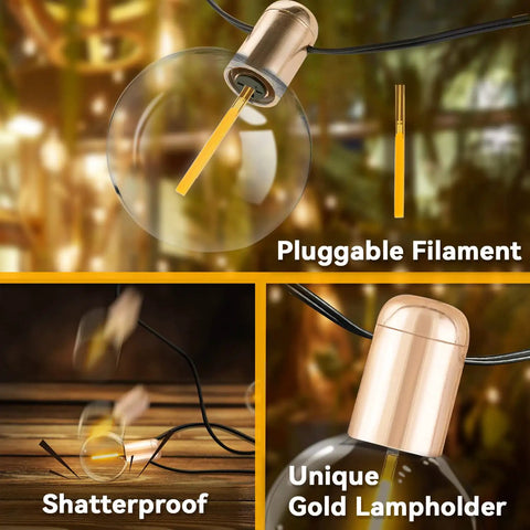 Indoor 2 Pack G50 LED String Lights with Vintage Filament Bulbs, close-up of shatterproof bulb and pluggable filament details
