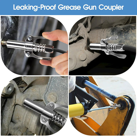 Grease gun coupler with spring latch, chrome finish; fits 1/8" NPT grease guns, 12000 PSI, leak-proof (front/side/installed views).