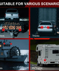 RoadAlchemist wireless trailer light kit; rear-view collage of trailers, trucks, boats, and RVs with red taillights.
