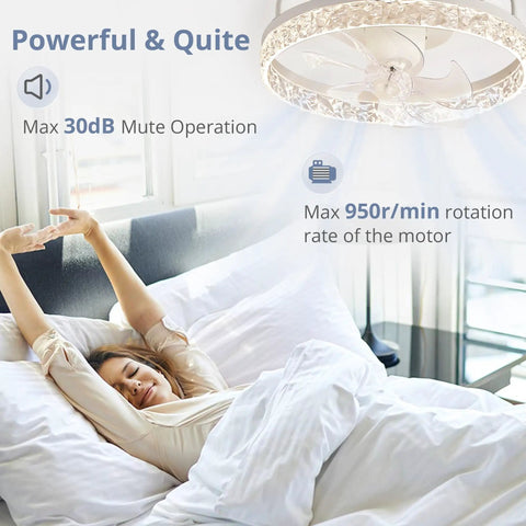 Sleeping woman under 20 Inch Low Profile Bladeless Ceiling Fan With Lights And Remote Oscillating Modern LED Ceiling Fan Dimmable