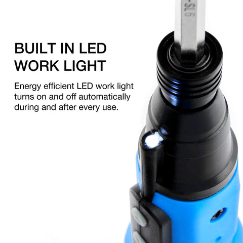 Cordless Power Screwdriver With Auto Lock One Quarter Inch Hex Chuck, USB Rechargeable Li Ion Battery, LED work light detail