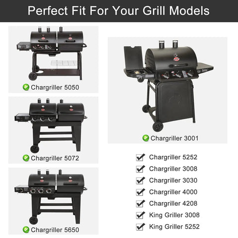 Different Char Griller models: 5050, 3001, 5072, 5650, compatible with Replacement Heat Plates Shield Set For Char Griller 5050 5650 3001 3008 5072 5252 Grill Models Heavy Duty Stainless Steel Easy Install Heat Tent Deflectors And Flame Tamers For Char Griller Duo 5050 And King Griller 3008
