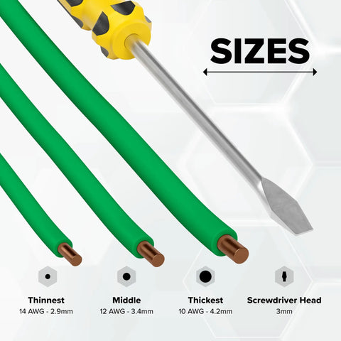 10 Gauge Insulated Solid Copper THHN THWN Wire 25 Ft Ground Wire For Electrical Grounding with size comparison and screwdriver