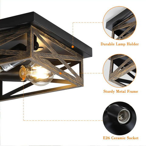 2 Pack Rustic Flush Mount Ceiling Light Fixtures With Industrial Metal Cage Design, shown with E26 socket and metal frame close-up.