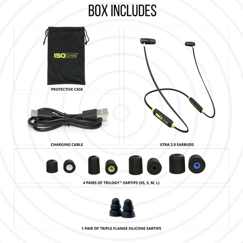 Box contents of Xtra Two Point Zero Bluetooth Earplug Earbuds With 27 Decibels NRR Noise Isolation OSHA Compliant Hearing Protection.