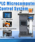 Hella Sturdy Semi Automatic Corner Labeler 90 Degree Box Applicator showing PLC microcomputer control system with touchscreen.
