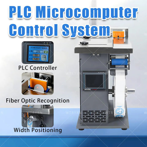 Hella Sturdy Semi Automatic Corner Labeler 90 Degree Box Applicator showing PLC microcomputer control system with touchscreen.