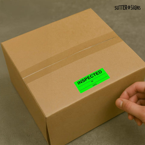Hand applying Fluorescent Green Inspection Stickers 1 Inch By 2.25 Inch Pack Of 600 For Quality Control Inventory Tracking on box