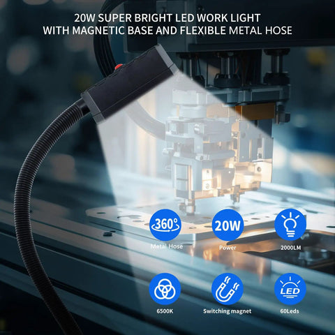 Magnetic Work Light 2000 Lumens With 20 Inch Flexible Arm for Garage and Shop, shown mounted on machinery