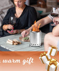 People enjoying drinks around Pellet Tabletop Fire Pit 7 Inch Mini Outdoor Fire Pit with removable ash pan on a patio table.