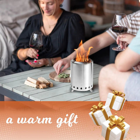 People enjoying drinks around Pellet Tabletop Fire Pit 7 Inch Mini Outdoor Fire Pit with removable ash pan on a patio table.