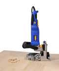 Pro Shop Grade Dual Spindle Dowel Jointer Woodworking Tool 710 Watt Motor on wood with dowel pins for precision projects.