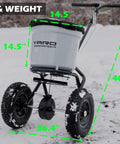 Beast 50 Lb Walk Behind Spreader For Lawn Care with 10-12 ft coverage, shown with dimensions and rugged wheels on snow terrain.