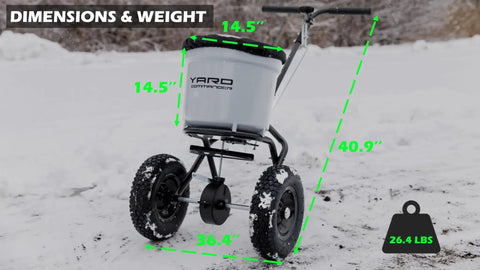 Beast 50 Lb Walk Behind Spreader For Lawn Care with 10-12 ft coverage, shown with dimensions and rugged wheels on snow terrain.