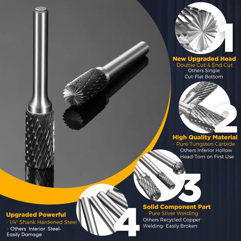 Double Cut Carbide Burr Set Eight Pieces Heavy Duty Tungsten Carbide Rotary Burrs One Quarter Inch Shank Die Grinder Bits