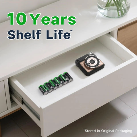 Solid As A Rock Cr2 Lithium Batteries 3V Non Rechargeable Cells Delivering Decade Long Reliable Juice Perfect For Rangefinders Nest Thermostats Smart Switches And Instant Fuji Cameras Two Pack Setup stored in a drawer with an instant camera.