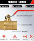 2 Pack Brass 1/2 Inch Full Port Ball Valve With Red Vinyl Handle NPT Female To Female 150 PSI WSP 600 WOG High Flow