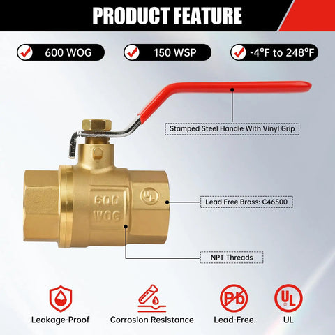 2 Pack Brass 1/2 Inch Full Port Ball Valve With Red Vinyl Handle NPT Female To Female 150 PSI WSP 600 WOG High Flow