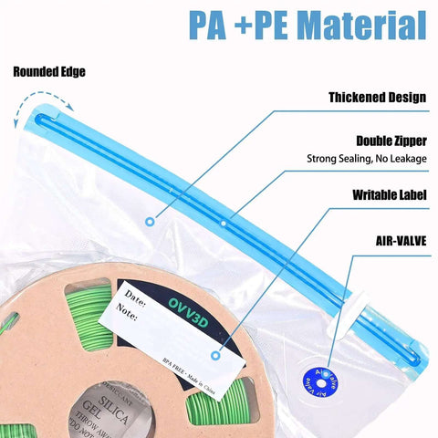 Close-up of Premium 30 Pack Large 32x34cm Vacuum Sealed Filament Storage Bags Kit with writable label and double zipper feature.