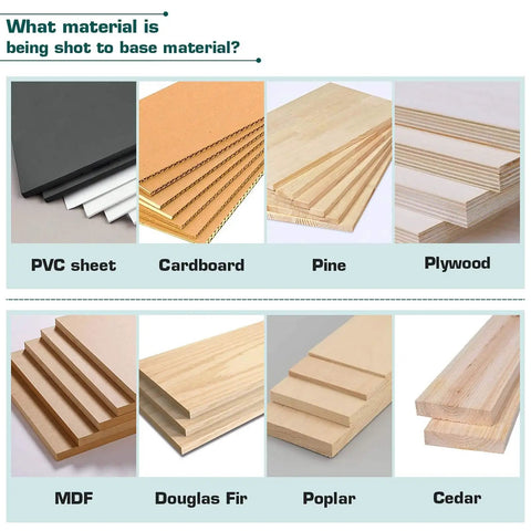 Image showing materials like PVC sheet, cardboard, pine, plywood, MDF, Douglas Fir, poplar, and cedar for brad nailer use.