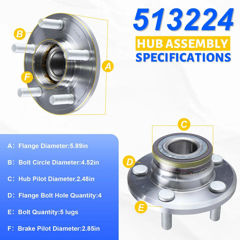 Front Wheel Bearing Hub Assembly 2x 513224 for 2005-2014 Chrysler, Dodge, and Magnum with 5 lug specifications chart