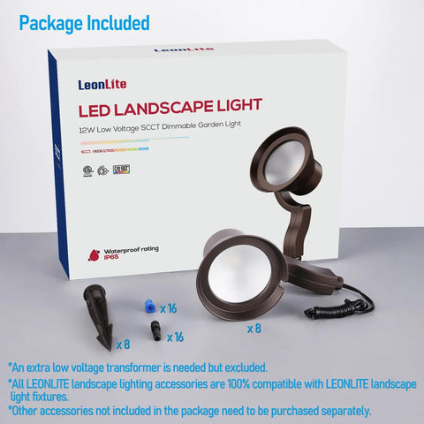 Eight Pack Dimmable LED Landscape Spotlights Outdoor Low Voltage 12 To 24V AC DC Wall Wash Lights 2W 5W 12W 180lm 450lm 900lm Aluminum IP65 Waterproof Warm White 3000K ETL Listed For Trees And Gardens packaging with accessories