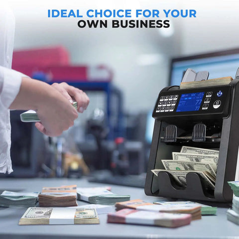 Mixed Denomination Money Counter With Two Pocket Design in use with stacks of cash on a table.