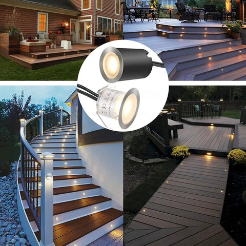 In Ground LED Deck Light Kit With 32mm Protective Shell IP67 Waterproof Outdoor Landscape Lighting 12V Low Voltage Warm White Glow Easy Install features glow on decks, stairs, paths