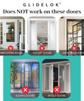 Image showing types of doors where 2 Pack Child Safety Door Top Lock For Interior And Exterior Doors Locks does not work, including screen/storm, pocket, metal frame, sliding, and bifold doors.