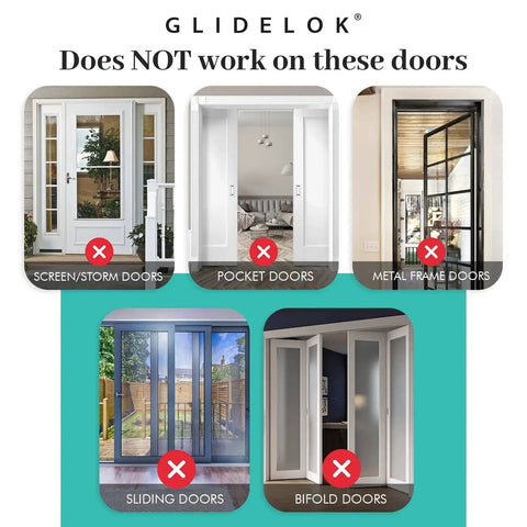 Image showing types of doors where 2 Pack Child Safety Door Top Lock For Interior And Exterior Doors Locks does not work, including screen/storm, pocket, metal frame, sliding, and bifold doors.