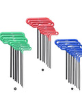 Set of cushion grip hex T handle wrenches in red, blue, green with SAE, metric, and Torx sizes for home, garage, auto repairs.