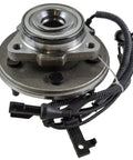 Front Wheel Bearing And Hub Assembly For Ford Explorer 2006 To 2010 Mercury Mountaineer And Explorer Sport Trac 2007 To 2010 Premium Replacement Part With DIY Video Guide Beefed Up For Easy Install shown in gray metal with connected wiring harness.