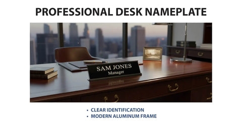 Durable Aluminum 2 By 10 Inch Office Desk Nameplate Sign Holder Matte Black One Pack For 2 By 8 Or 2 By 10 Nameplates Easy To Update Keeps Names Visible And Organized In Office Classroom Reception And Home Workspaces on wooden desk.