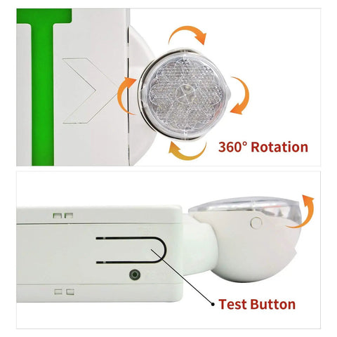 LED Emergency Light And Exit Sign Combo With Back Up Battery Green Exit Sign UL Certified 360-degree rotation view
