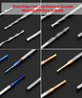 40 Piece Pro Grade All In One CNC Router Bits Set With 1/8 Inch Shank Ball Nose And Flat Nose End Mills, 2 Flute, Nano Blue Coat And Titanium Coat, Engraving Milling Cutter Kit For Wood Metal Plastic, High Precision Tungsten Carbide displayed on black surface, showcasing various tips and coatings.