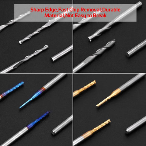 40 Piece Pro Grade All In One CNC Router Bits Set With 1/8 Inch Shank Ball Nose And Flat Nose End Mills, 2 Flute, Nano Blue Coat And Titanium Coat, Engraving Milling Cutter Kit For Wood Metal Plastic, High Precision Tungsten Carbide displayed on black surface, showcasing various tips and coatings.