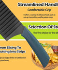 Side view of JAYVAR crinkle cutter wavy veggie slicer with blue handle and stainless steel blade