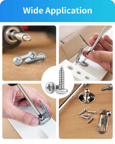 Bulk Stainless Steel Wood Screws Set, 550 Piece Assortment With Phillips Pan Head Self Tapping Screws in use for woodworking projects