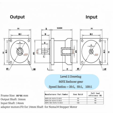Technical drawing of Planetary Gearbox 50 To 1 Reduction with 86mm flange and 16mm output shaft for CNC routers and robotic arms.