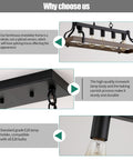 Diagram detailing features of Rustic Farmhouse Kitchen Island Pendant Light With Five Lights Linear Chandelier In Black With Retro Wood Finish Industrial Vibe Hanging Light For Dining Room And Kitchen Bar UL Listed