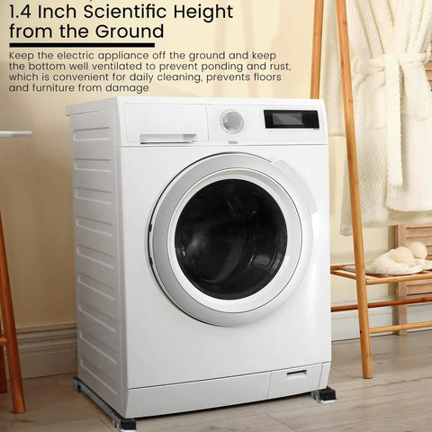 Heavy Duty Appliance Rollers For Washer And Dryer support a washing machine at 1.4 inch height for better ventilation and cleaning.