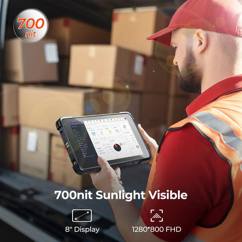 Person using Rugged Barcode Tablet With Zebra SE4710 Scanner, Android 14 in a warehouse with boxes, 8" display showing dashboard.