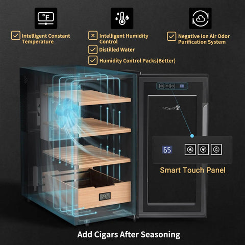 Dual Function 26L Electric Cigar Humidor With Heating And Cooling, Spanish Cedar Shelves And Drawer Hygrometer, Quiet Air Cooled Cabinet