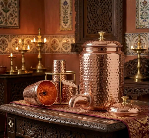 Copper Hammered Water Dispenser Tank With Tap, 6.5 Liter Capacity, Pure Copper Interior, glass set on ornate table
