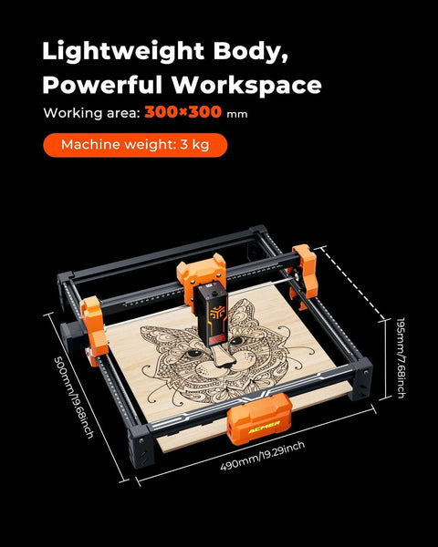 ACMER S2 12W laser engraver with black frame and orange clamps; 300x300 mm work area engraving on wood panel