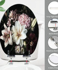 Toilet Seat Elongated Resin for Bathroom with floral design, stainless steel hinges, and grip-tight bumpers.